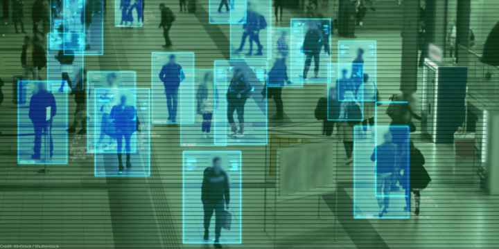 Scanning the crowd of people walking at the railway station. Surveillance interface using artificial intelligence and facial recognition.