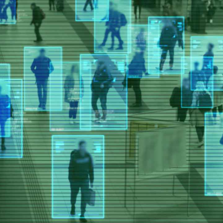 Scanning the crowd of people walking at the railway station. Surveillance interface using artificial intelligence and facial recognition.