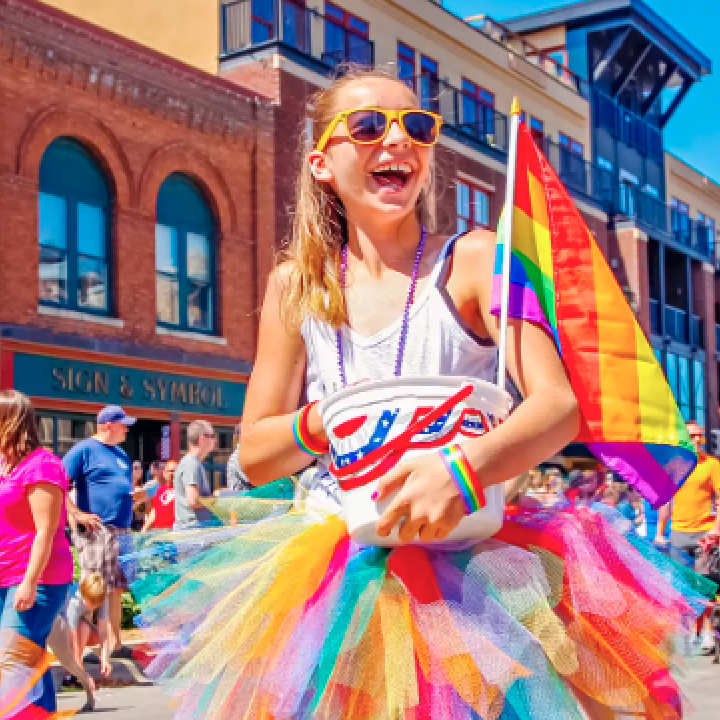 Image of a kid and adult at an LGBT Pride Parade in Fargo